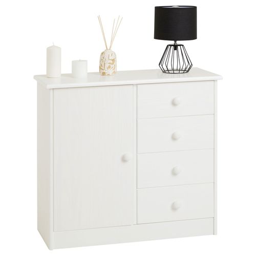 Commode En Pin Massif Blanc Rondo Buffet Meuble De Rangement Avec 4 Tiroirs Et Une Porte