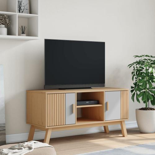 Meuble Tv Moderne Bois Pin Massif 114x43x57 Cm Gris Et Marron