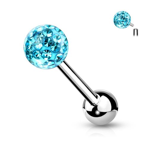 Piercing Langue Fidji Bleu Clair Boule Cristal Ferido Filetage Interne Barbell Barre Acier Inoxydable Anti Allergique