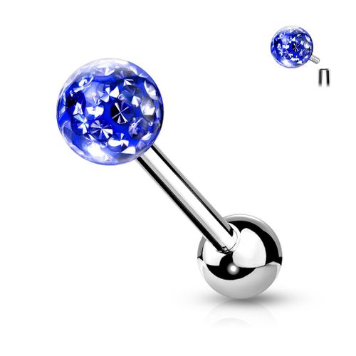 Piercing Langue Fidji Bleu Foncé Boule Cristal Ferido Filetage Interne Barbell Barre Acier Inoxydable Anti Allergique