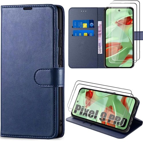 Coque Et 2 Verres Trempés Pour Google Pixel 9 Pro, Protection En Cuir Pu Bleu Marine Antichoc Anti-Rayures - E.F.Connection