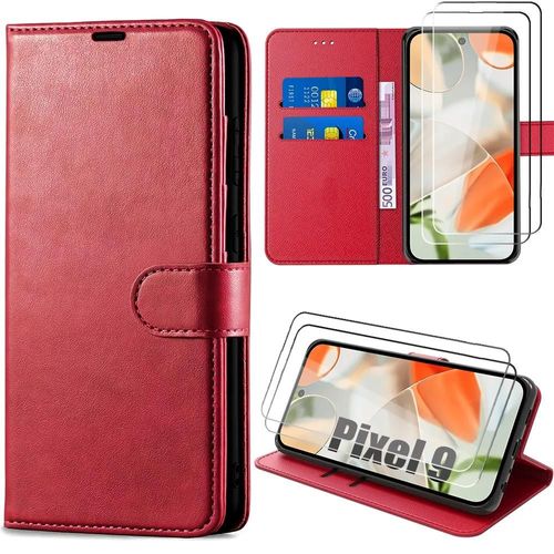 Coque Intégrale + 2 Verres Trempés Pour Google Pixel 9 - Protection Rabat Cuir Synthétique Antichoc Rouge - E.F.Connection