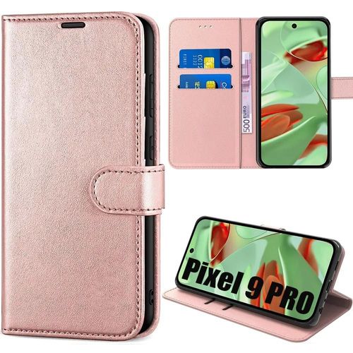 Coque Pour Google Pixel 9 Pro - Flip Case Effet Cuir Rose Avec Support Et Porte-Carte - E.F.Connection