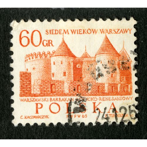 Timbre Oblitéré Siedem Wiekow Warszawy, Warszawski Barbakan Gotycko-Renesansowy, Kaczmarczyk,Tirdiszek, 1965, 60 Gr