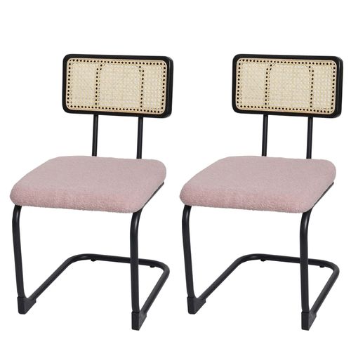 Lot De 2 Chaises À Piétement Luge Hwc-K88, Chaise À Dossier, Bois Rotin Métal Bouclé   Tissu/Textile Rose