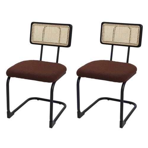 Lot De 2 Chaises À Piétement Luge Hwc-K88, Chaise À Dossier, Bois Rotin Métal Bouclé   Tissu/Textile Brun