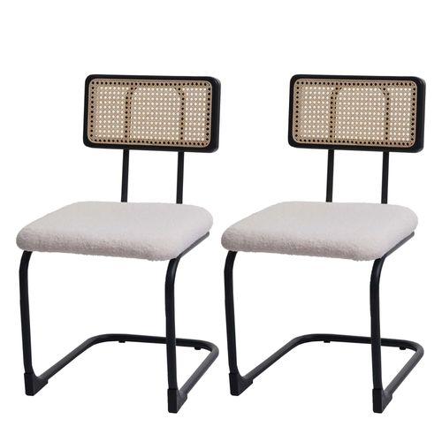 Lot De 2 Chaises À Piétement Luge Hwc-K88, Chaise À Dossier, Bois Rotin Métal Bouclé   Tissu/Textile Blanc