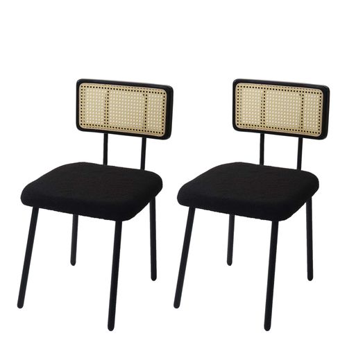Lot De 2 Chaises De Salle À Manger Hwc-K88, Fauteuil Chaise, Bois Poly Rotin Métal Bouclé   Tissu/Textile Noir