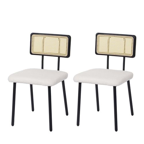 Lot De 2 Chaises De Salle À Manger Hwc-K88, Fauteuil Chaise, Certifié Fsc Bois Poly Rotin Métal Bouclé   Tissu/Textile Blanc