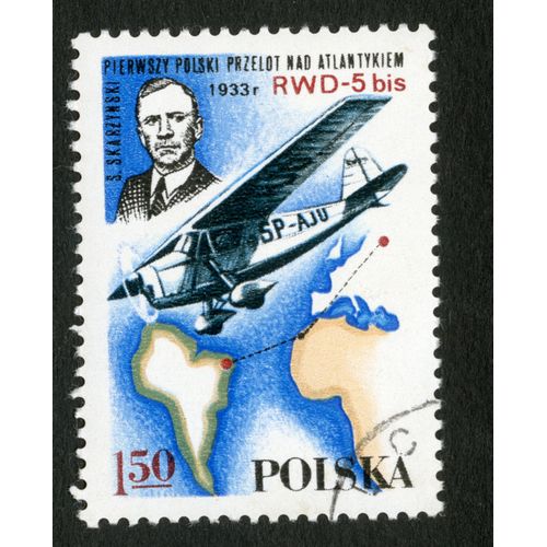 Timbre Oblitéré Polska, S.Skarzynski, Pierwszy Polski Przelot Nad Atlantykiem, 1933 R., Rwd-5 Bis, 1,50