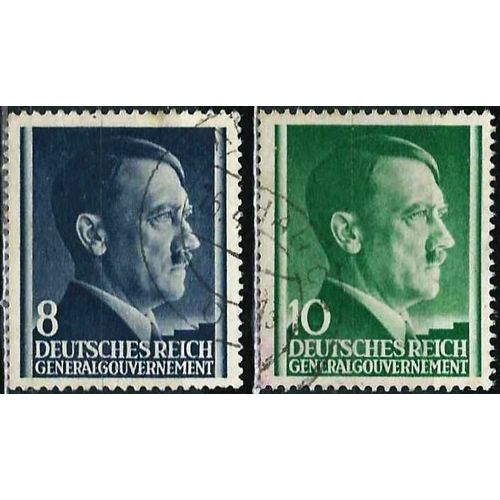 Pologne, Occupation Allemande, Gouvernement General 1941, Beaux Timbres Yvert 84 Et 85, Portrait Chancelier Hitler, 8gr Bleu Nuit Et 10gr Vert, Oblitérés, Tbe