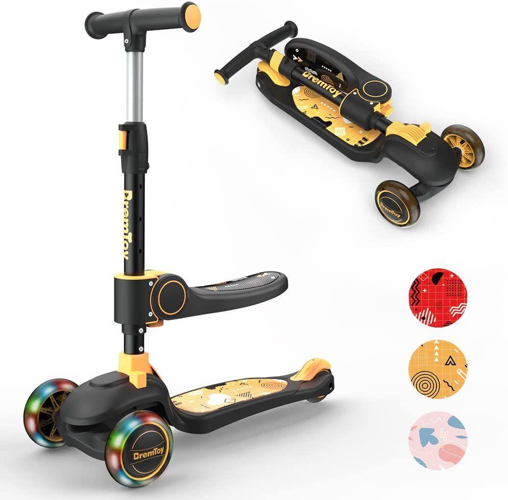 Trottinette 3 en 1 pour enfants avec siège pliable/amovible, 4 hauteurs  réglables pour les tout-petits de 3 à 8 ans, meilleur cadeau pour garçons  et