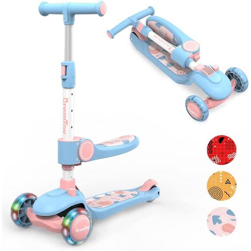 3 En 1 Trottinette Enfants Rose Et Bleue Avec Siège, Roues Led, Scooter Pour Enfants Avec Guidon Réglable En Hauteur,Trottinette Pliable Enfants Cadeau Jouet