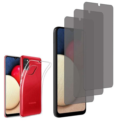 Coque Silicone Pour Samsung Galaxy A02s 6.5" Gel Ultraslim Et Ajustement Parfait - Transparent + 3 Films Verre Trempé Anti Lumière Bleu - Transparent