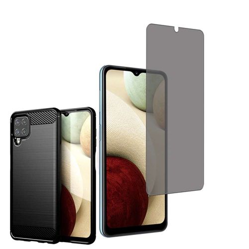 Coque Silicone Tpu Pour Samsung Galaxy A12 Nacho 6.5" Fibre De Carbone Brossé - Noir + 1 Film Verre Trempé Anti Lumière Bleu - Transparent