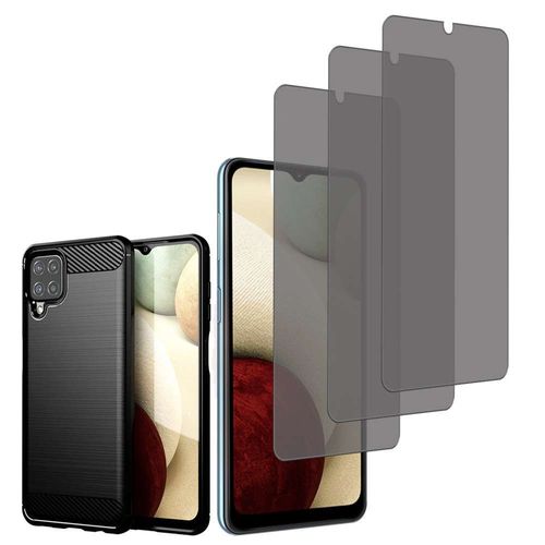 Coque Silicone Tpu Pour Samsung Galaxy A12 Nacho 6.5" Fibre De Carbone Brossé - Noir + 3 Films Verre Trempé Anti Lumière Bleu - Transparent
