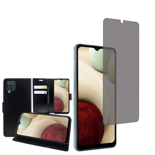 Etui Portefeuille Pour Samsung Galaxy A12 Nacho 6.5" Support Video Cuir Pu - Noir + 1 Film Verre Trempé Anti Lumière Bleu - Transparent