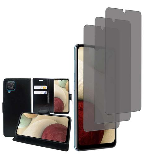 Etui Portefeuille Pour Samsung Galaxy A12 Nacho 6.5" Support Video Cuir Pu - Noir + 3 Films Verre Trempé Anti Lumière Bleu - Transparent