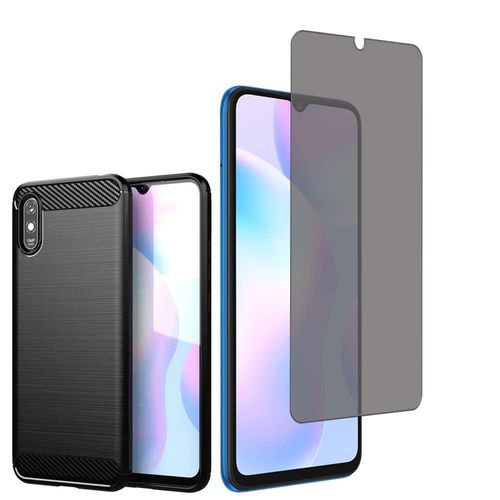 Coque Silicone Tpu Pour Xiaomi Redmi 9a 6.53" Fibre De Carbone Brossé - Noir + 1 Film Verre Trempé Anti Lumière Bleu - Transparent