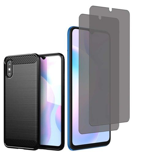 Coque Silicone Tpu Pour Xiaomi Redmi 9a 6.53" Fibre De Carbone Brossé - Noir + 2 Films Verre Trempé Anti Lumière Bleu - Transparent