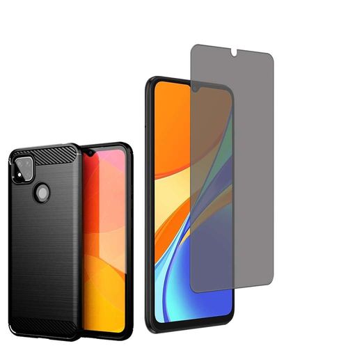 Coque Silicone Tpu Pour Xiaomi Redmi 9c/ 9c Nfc/ Redmi 9 (India) 6.53" Fibre De Carbone Brossé - Noir + 1 Film Verre Trempé Anti Lumière Bleu - Transparent