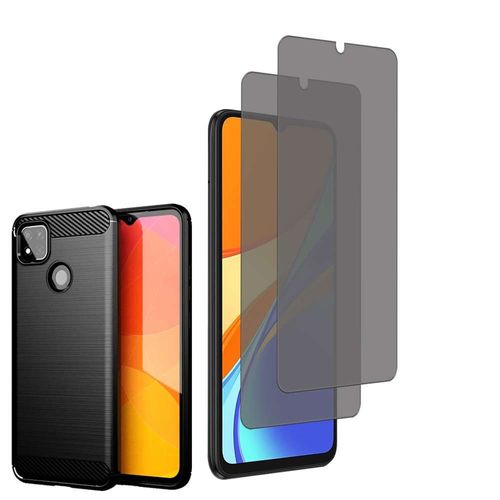 Coque Silicone Tpu Pour Xiaomi Redmi 9c/ 9c Nfc/ Redmi 9 (India) 6.53" Fibre De Carbone Brossé - Noir + 2 Films Verre Trempé Anti Lumière Bleu - Transparent