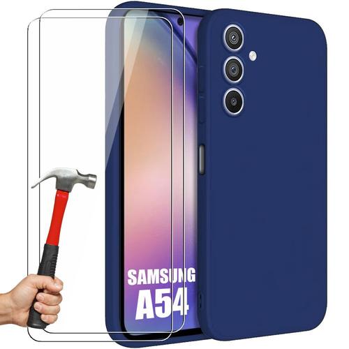 Coque Pour Samsung Galaxy A54 Avec 2 Verres Trempés Anti-Rayures Couleur Unie Bleu - E.F.Connection