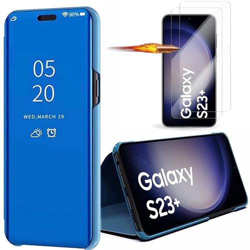 Coque Pour Samsung Galaxy S23+ (S23 Plus) Effet Miroir Bleu + 2 Verres Trempés - E.F.Connection