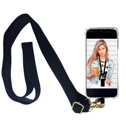 Bandoulière Chaîne Téléphone Textile Noire Avec Connecteur Clip Doré