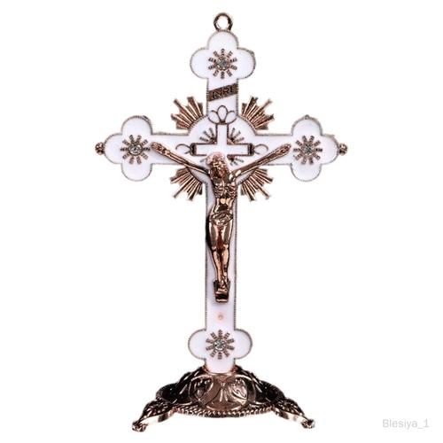 Blesiya Crucifix Et Support Figurine Christian Sculptures De Table En Métal Pour Chapelle Home Decor Cadeaux Religieux À Collectionner, Blanc
