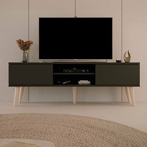 Meuble Tv 2 Portes 160x35x55,2 Cm Noir Et Naturel - Cisko