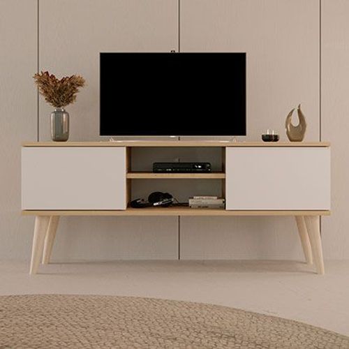Meuble Tv 2 Portes 120x35x55,2 Cm Blanc Et Chêne - Cisko