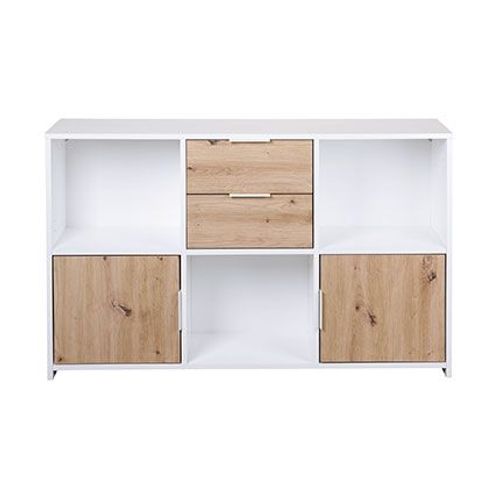 Etagère 2 Portes 2 Tiroirs 120x30x77 Cm Blanc Et Chêne - Pepio