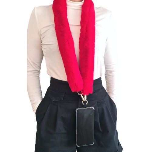 Bandoulière Chaîne Téléphone Fausse Fourrure Rouge Avec Connecteur Clip Doré