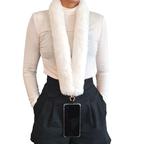 Bandoulière Chaîne Téléphone Fausse Fourrure Blanc Avec Connecteur Clip Doré