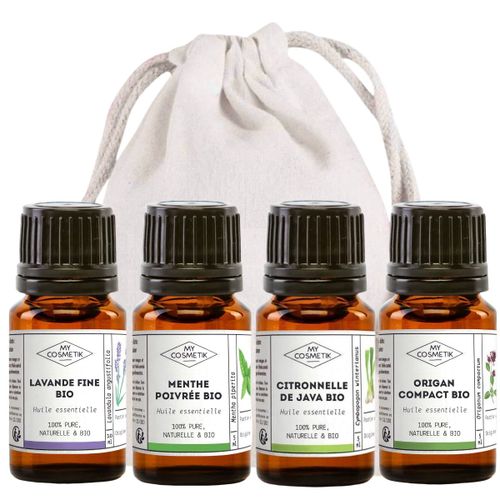 Pack Été Et Voyage - Lot De 4 Huiles Essentielles Bio - Lavande Fine - Menthe Poivrée - Citronnelle De Java - Origan Compact - 4 X 5 Ml + Pochon 100% Coton - My Cosmetik 