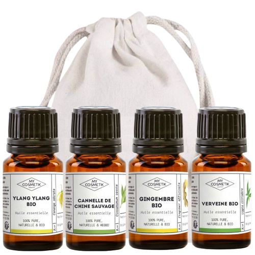Pack Romance - Synergie Épicée Et Puissante - Lot De 4 Huiles Essentielles Bio À Diffuser - Ylang Ylang - Cannelle De Chine Sauvage - Gingembre - Verveine - 4 X 5 Ml + Pochon 100% Coton - My Cosmetik 