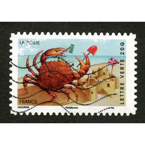 Timbre Oblitéré Crabe, La Plage, La Poste, France, Lettre Verte 20 G, Galeron