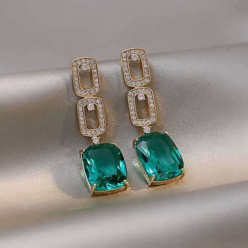 Boucles D'oreilles Pendantes À Strass Vert Brillant Pour Femmes, Bijoux Simples, Carrés, Géométriques Quotidiens De Haute Qualité, À La Mode