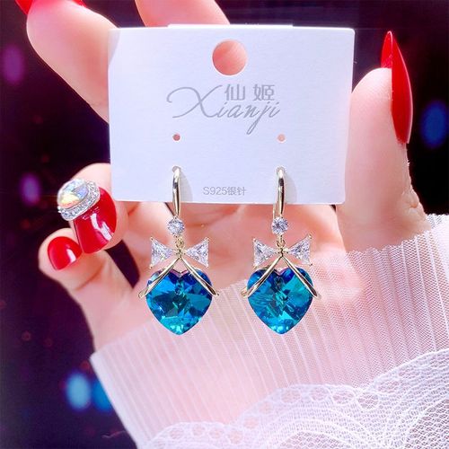 Pendentif Coeur Bleu, Boucles D'oreilles Pour Femmes, Bijoux, Mode Simple, N¿Ud Exquis, Bleu, Nouvelle Tendance 2019
