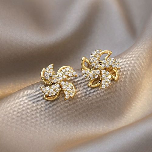 Boucles D'oreilles Dorées En Strass Pour Fille, Accessoires De Tous Les Jours, Petit Moulin À Vent, Mode Exquise, Tendance 2021