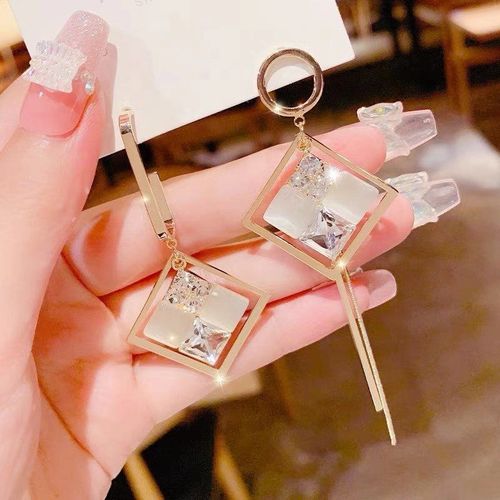 Boucles D'oreilles Géométriques Carrées En Opale Pour Femmes, Élégantes, Tendance, Bijoux, Pompons Exquis, Asymétriques, 2021