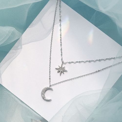 Collier Et Pendentif Ras Du Cou En Argent Sterling 925 Pour Femmes, Double Couche, Étoile De Cristal, Lune, Dz535