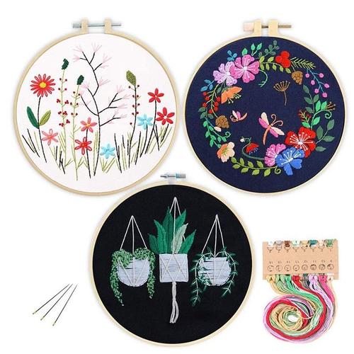 Kit De Démarreur De Broderie, Lot De 3 Pièces, Tissu De Broderie Avec Motif, Cerceau De Couleur, Outils Pour La Décoration De Bricolage