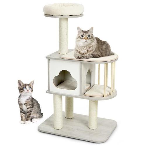 Costway Arbre À Chat En Bois 117cm À 3 Niveaux Avec Plate-Forme Griffoir/Coussins Lavables Centre D'activités Pour Chat/Chaton Gris