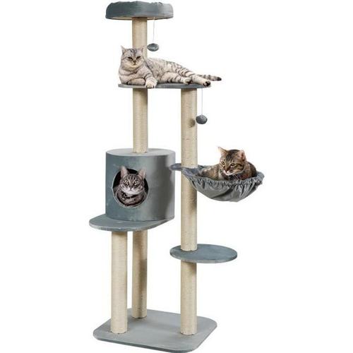 Costway Arbre À Chat De 144 Cm Avec Griffoirs, 2 Pompons Suspendus, Hamac Et Niche, Centre D'activités Pour Chats/Chaton, Gris