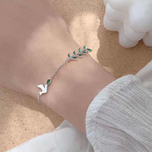 Bracelet Anti Allergie En Argent Sterling 925 Pour Femmes, Bijoux À Breloques Classiques En Cristal, Feuille Verte, Oiseau Sl139