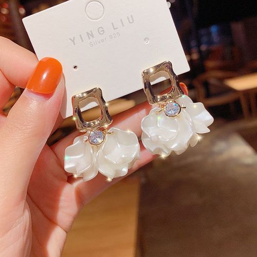 Boucles D'oreilles Géométriques En Métal Doré Pour Femmes, Accessoires De Bijoux, Pendentif À Fleurs Blanches, À La Mode, 2021