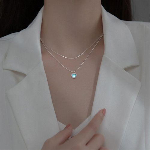 Collier Double Couche En Argent Sterling 925 Pour Femmes, Pendentif En Forme De C¿Ur, Pierre De Lune, Bijoux De Fête, Ras Du Cou, D596