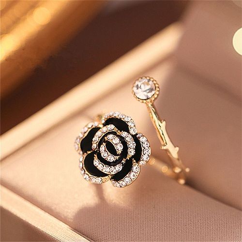 Bagues Ouvertes En Cristal Camélia Noir Zircon Pour Étudiantes, Bijoux De Fête Élégants Et À La Mode, Nouvelle Collection 2021